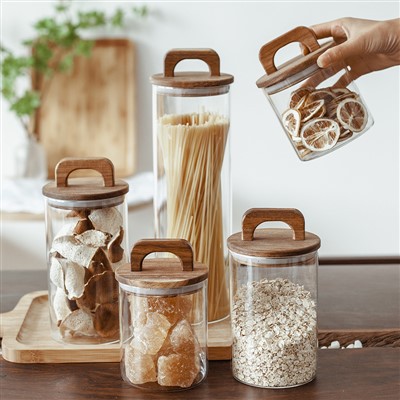 צנצנת זכוכית עגולה עם מכסה ידית עץ שיטה