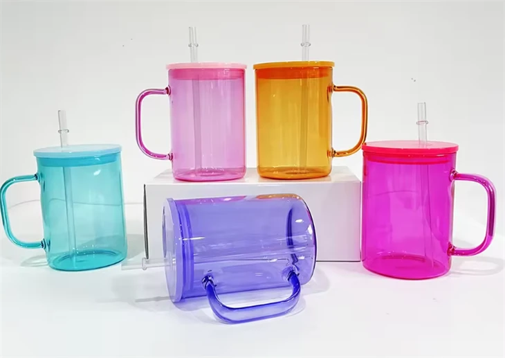 High Borosilicate Colored Glass Cup With Handle And PP Lid And Straw